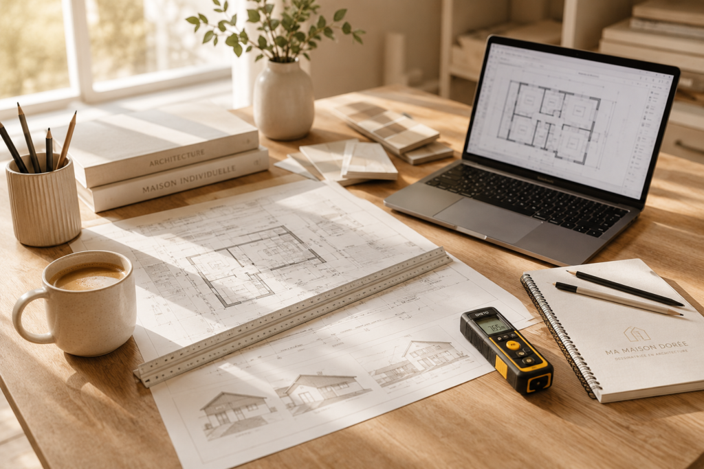 Bureau lumineux d'une dessinatrice en bâtiment avec plans de maison, ordinateur, télémètre laser et matériel de conception pour permis de construire et déclaration préalable.